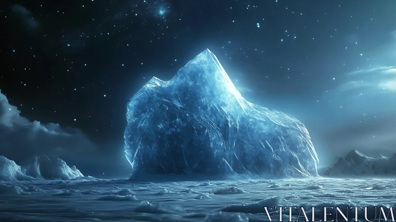 Large solitary iceberg under star-filled polar night sky.