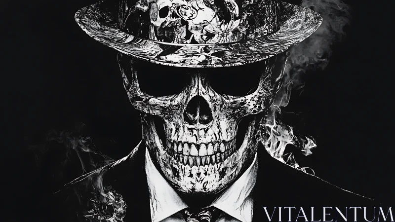 Monochrome skeletal dandy in smoke, high-contrast digital portrait.