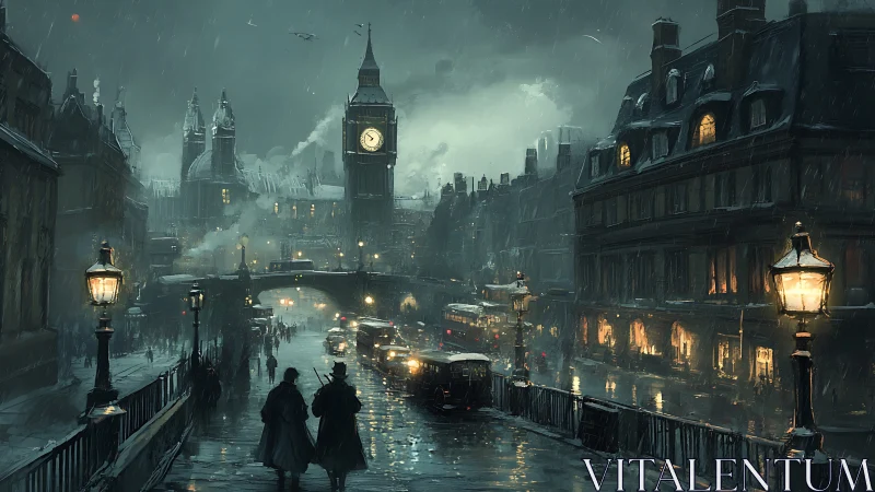 Rain-soaked Victorian London street rendered in moody cinematic chiaroscuro