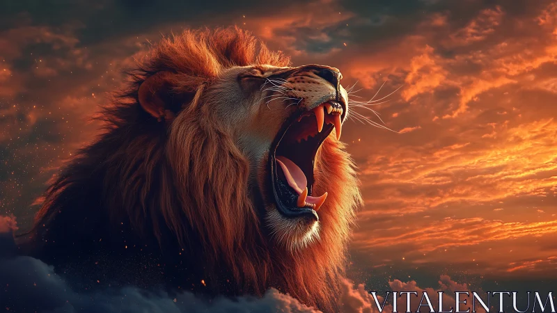 Roaring lion head against dramatic orange sunset sky.