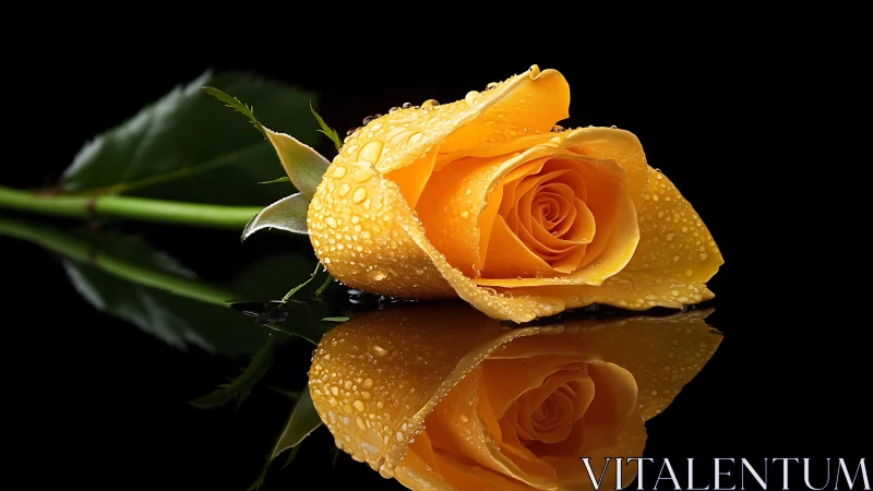 Golden Rose Dripping with Dewdrops Performs its Elegant Mirror Dance