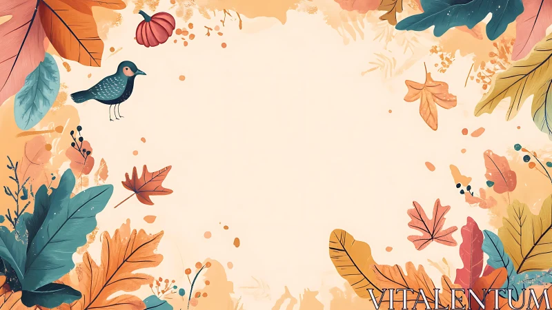 Autumn leaves border with bird and pumpkin illustration.