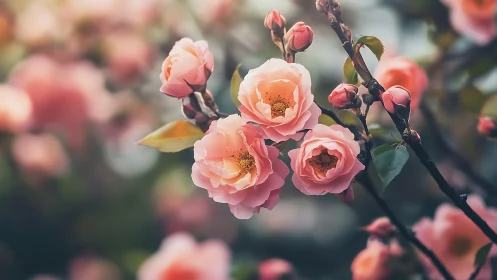 Coral Rose Blooms Against Soft Garden Blur.