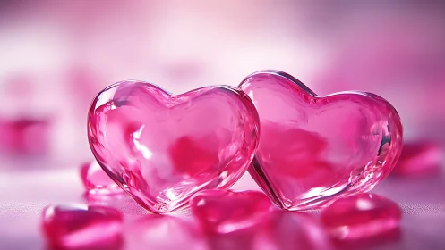 Translucent glass heart forms arranged on reflective surface.