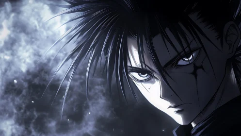 Intense anime character portrait in dark blue lighting.