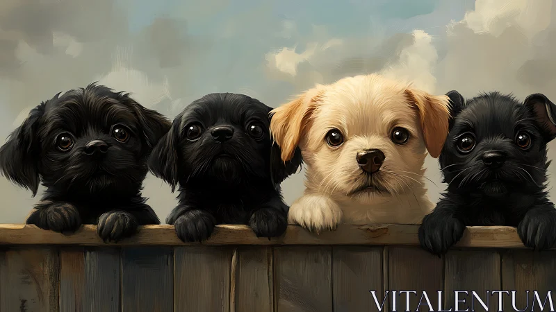Four curious puppies peeking over a fence together.