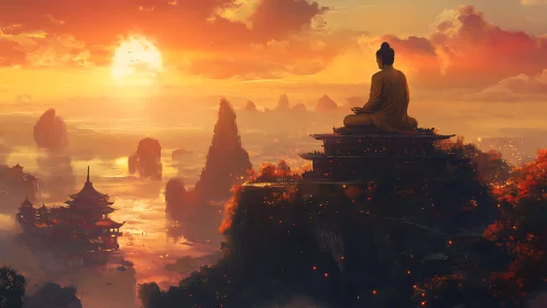 Golden Buddha above misty temples at blazing sunset.