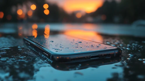 Smartphone with water droplets shot at sunset with bokeh lighting effects.