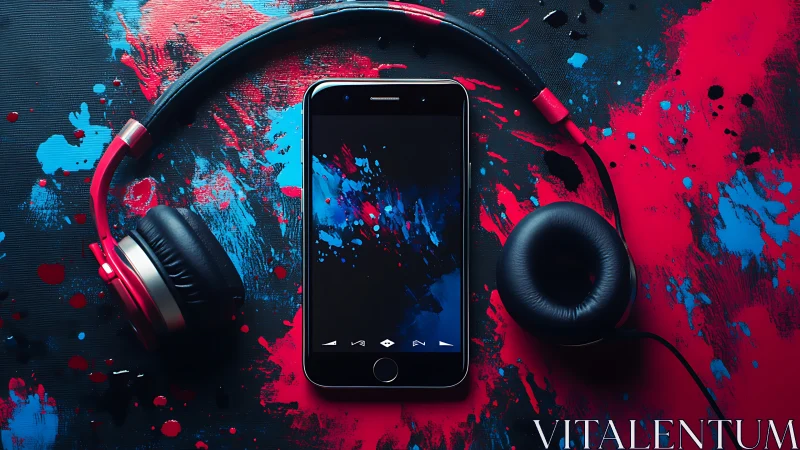 Smartphone and headphones on bold abstract paint background.