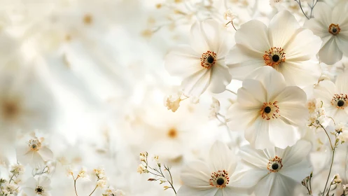 White cosmos flowers with golden centers against blurred background.