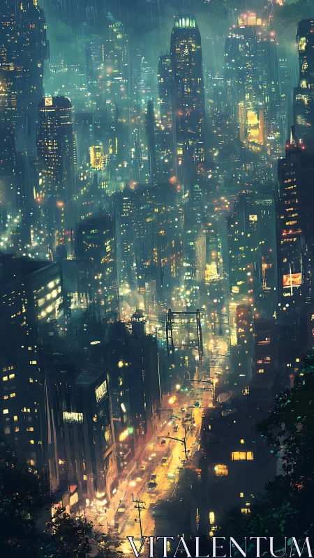 Rain-soaked cyberpunk city glows with neon and distant dreams