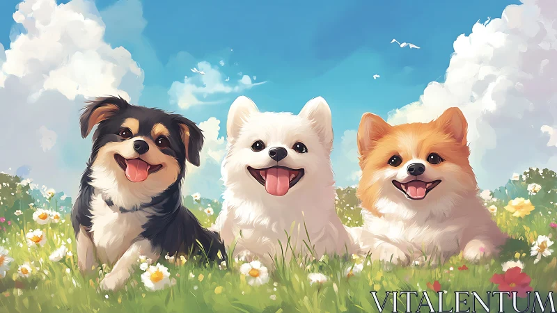 Playful trio of fluffy dogs in bright floral meadow illustration.