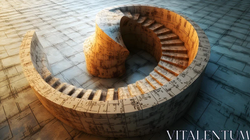 Spiral staircase with architectural blueprint pattern, digital art.