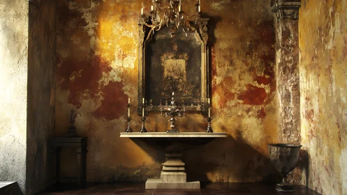 Sunlit altar corner lets old gold and shadows quietly converse