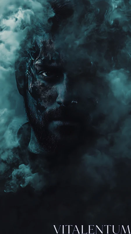 Male face partially obscured by dense blue atmospheric smoke.