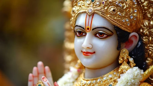 Golden Hindu deity idol with serene, blessing expression.