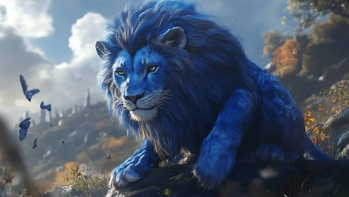 Majestic blue lion stalks through a sunlit fantasy valley