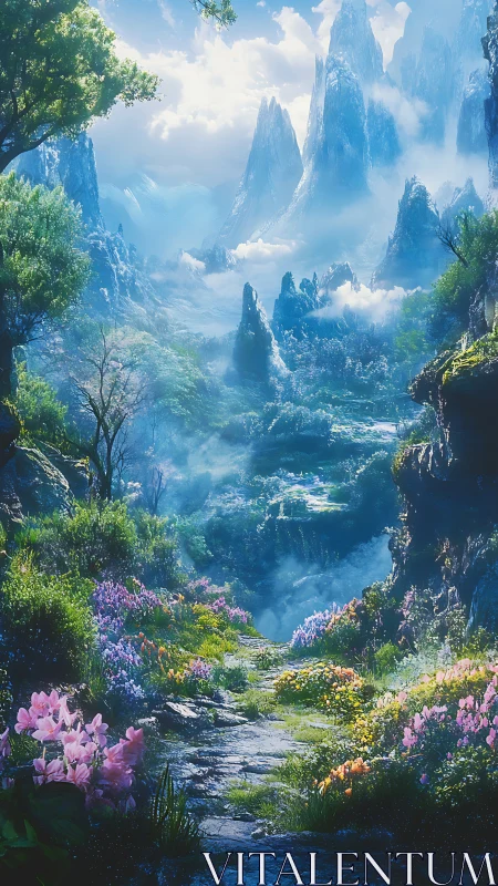 Mountain valley path with wildflowers and misty peaks.