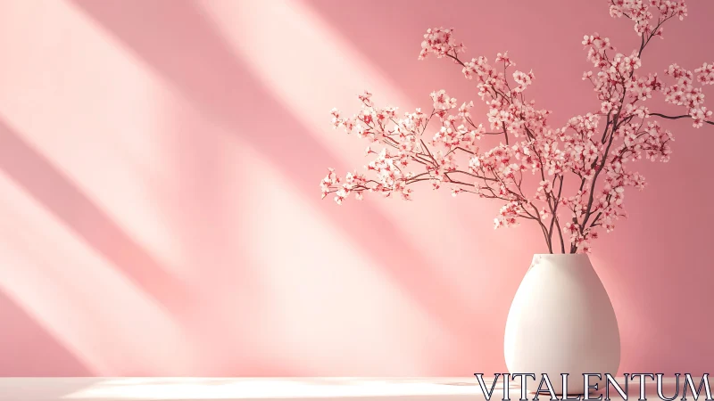 Minimalist cherry blossom stems in matte white ceramic vase.