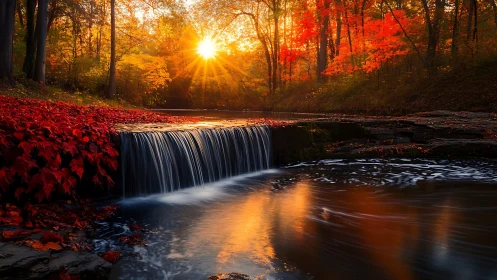 Sunlit autumn cascade kissing a river of molten amber.