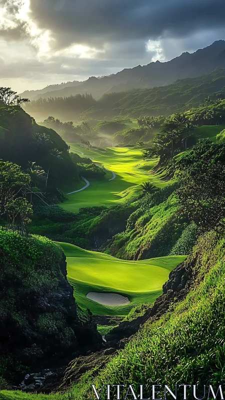 Emerald canyon fairway glowing under stormlit mountain skies.