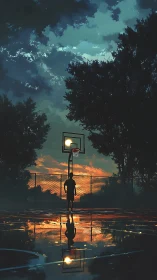 Solitary player faces a glowing hoop on a rainlit dusk court