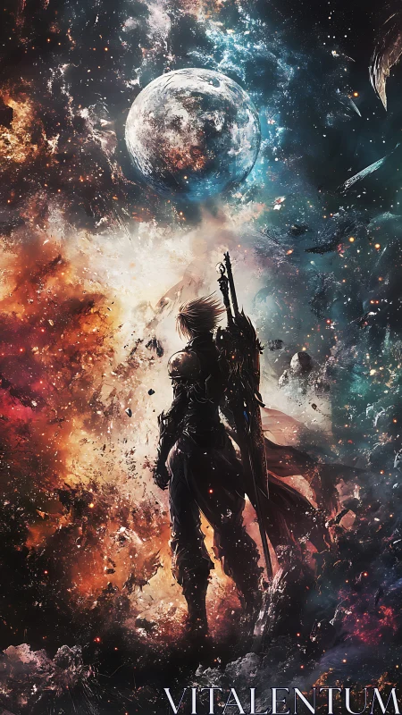 Armored warrior stands beneath fractured cosmic planet sky