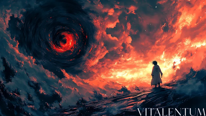Lone caped figure observes swirling crimson sky vortex