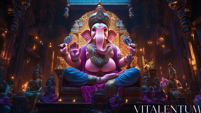 Majestic Ganesha statue glows amid ornate temple lights.