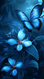 Luminous blue butterfly over glowing flowers in moonlit garden.