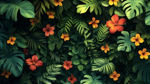 Dense tropical foliage with orange and red hibiscus flowers.