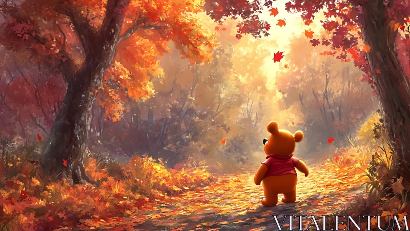 Bear character on forest path under warm autumn light.