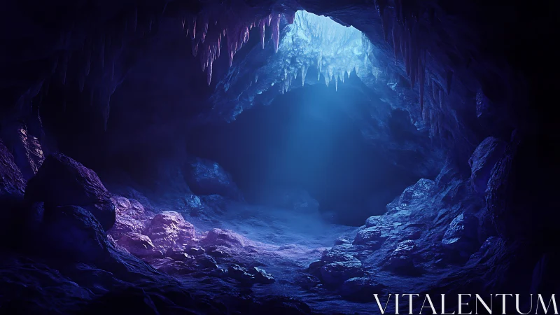 Subterranean cavern interior with cool blue overhead light.