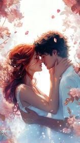 Digital illustration depicting two figures with luminous hair in romantic proximity amid floral elem