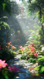 Sunlit jungle path invites a gentle wander through blossoms