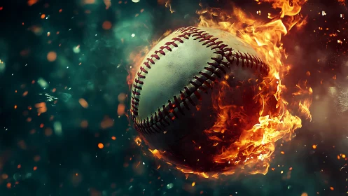 Baseball engulfed in flames against dark smoky background.