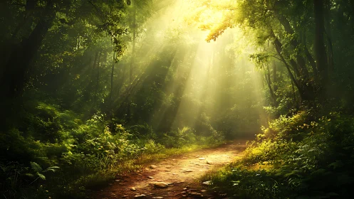 Golden sunlight streams through forest canopy.