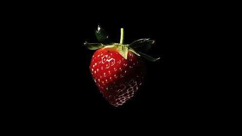 Gleaming strawberry softly glows against a deep black background