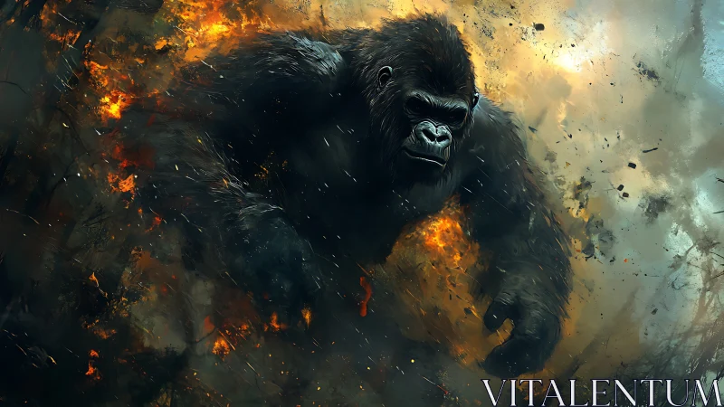 Colossal gorilla charges through explosive inferno clouds.