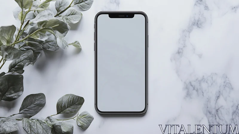 Smartphone mockup with eucalyptus on marble background.