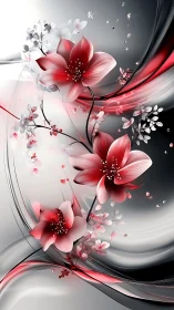 Red Petals Dancing Through Ethereal Mist.