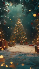 Snowy forest Christmas tree glows amid gifts and soft bokeh