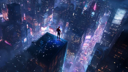 Cyberpunk hero on neon skyline, high-angle digital vista.