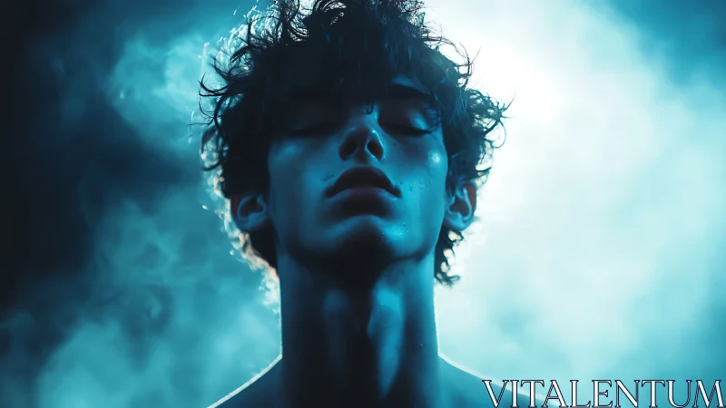 Moody blue portrait captures closed-eyed youth in mist