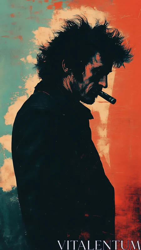 Brooding smoker in stark teal and burnt orange silhouette.