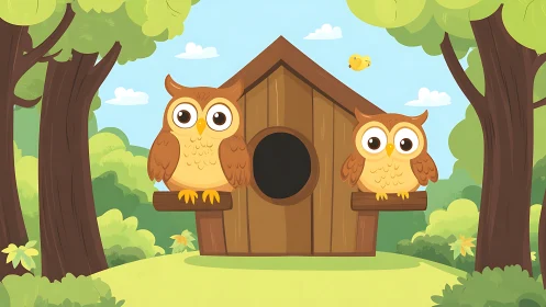 Cute cartoon owls on birdhouse in vibrant forest landscape.