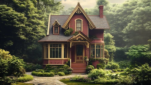 Storybook brick cottage nestles warmly in a lush green garden