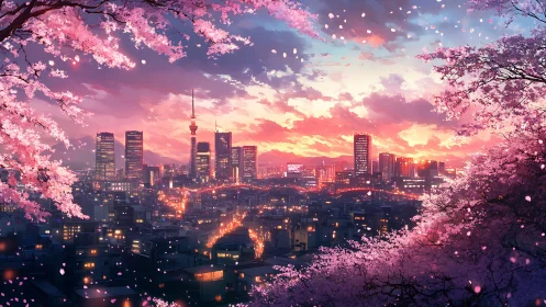 Sakura-framed twilight skyline over illuminated urban core.