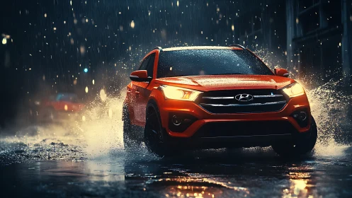 Photorealistic red SUV in dynamic urban rain action scene.