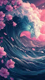 Ocean wave with cherry blossoms under pink clouded sky.